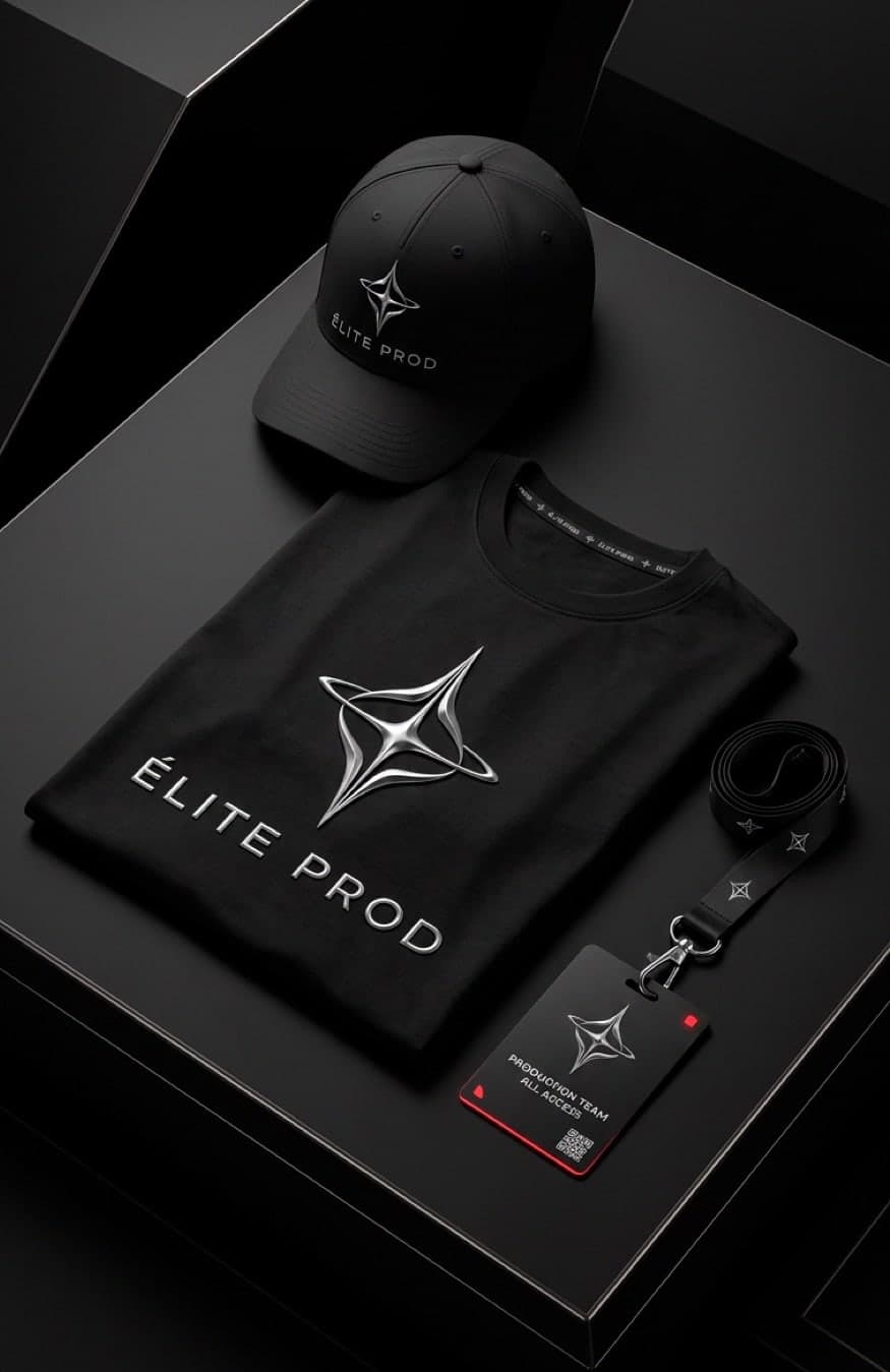Gorra, camiseta y credencial negras con la estrella cromada de ÉLITE PROD.