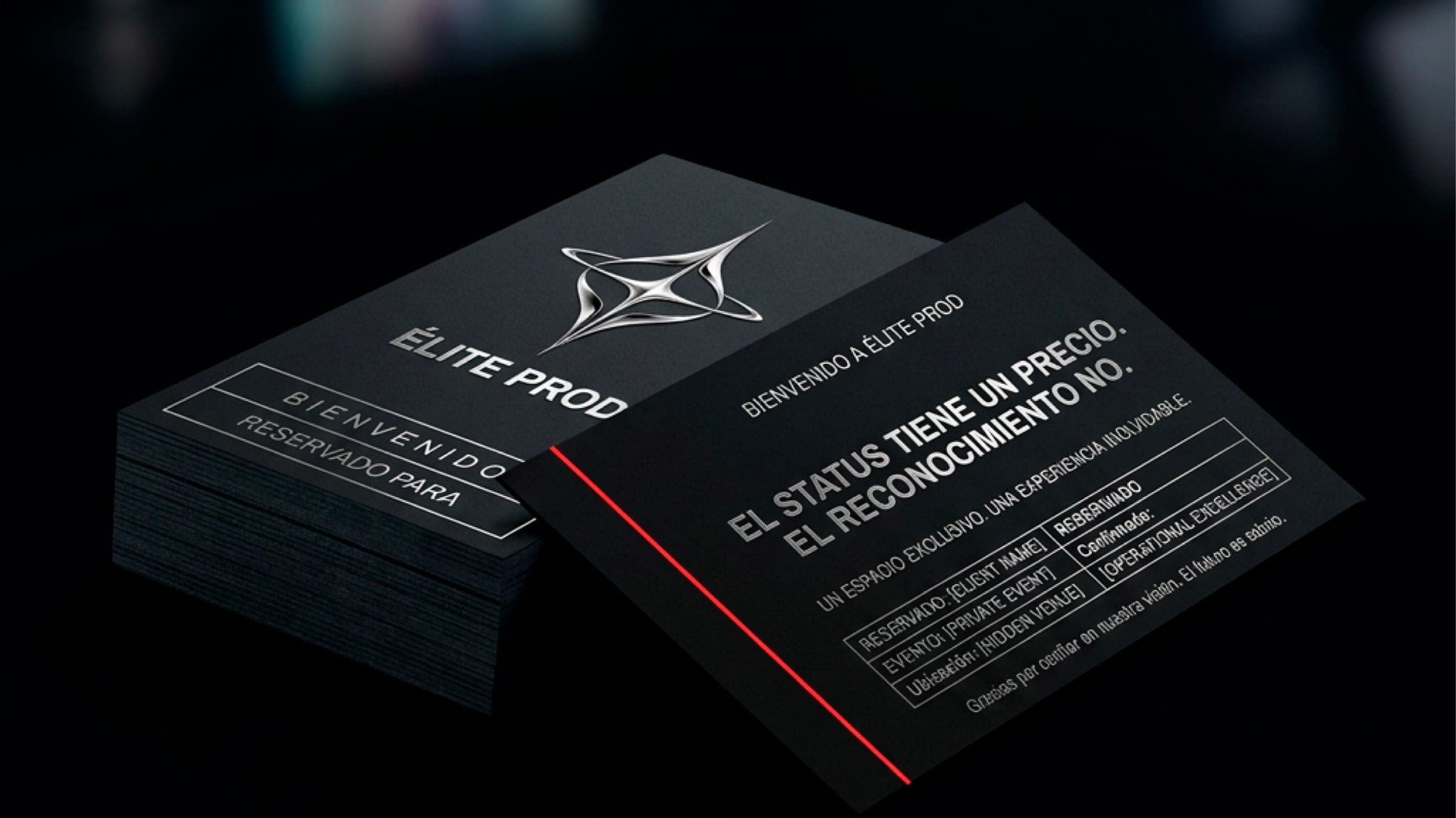 Tarjetas negras de reservación de ÉLITE PROD con la estrella cromada y una línea roja.