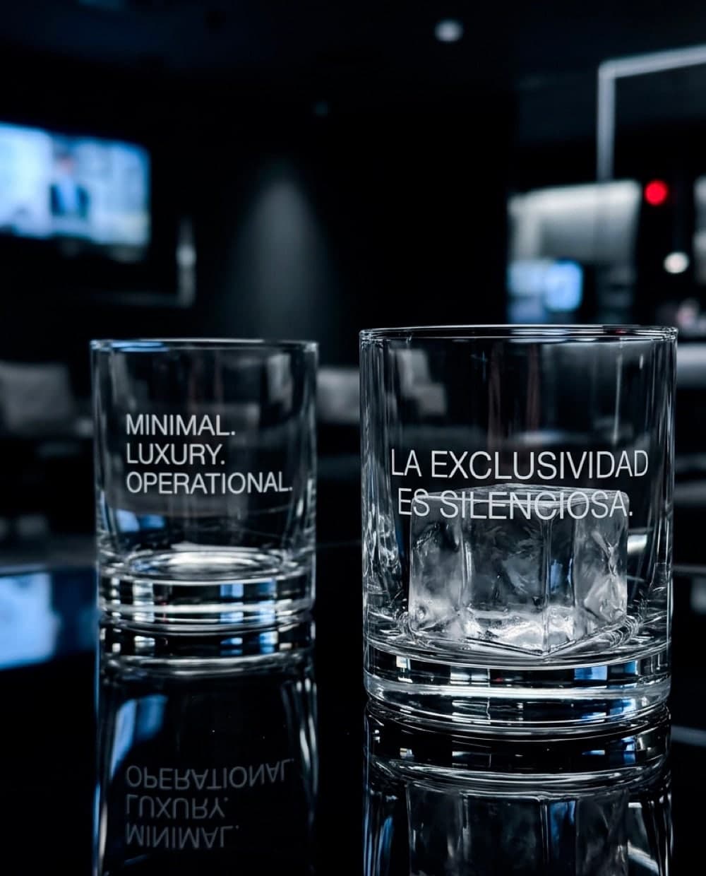 Dos vasos de cristal grabados con las frases Minimal Luxury Operational y La exclusividad es silenciosa.